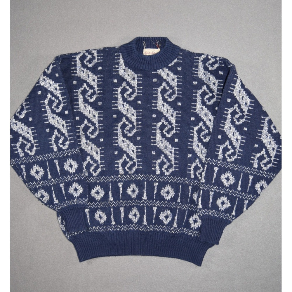 Vintage Strawbridge & Clothier Sweater Womens Large Blue Graphic Italy Mock Neck